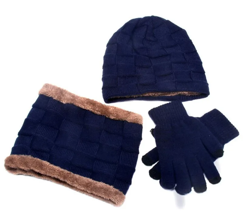 Navy Blue 3 Pcs Set Зимняя шапка, шарф, перчатки для мужчин, набор из 3 предметов,, Мужская Уличная теплая вязаная плюшевая шапка, шарфы и перчатки для сенсорного экрана, мужские аксессуары - Цвет: Navy Blue 3 Pcs Set