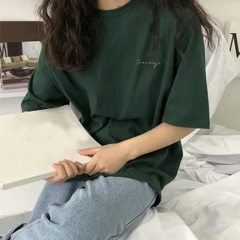 

Short Sleeve Female 2020 New Summer Loose and Slim Student Top Korean Retro Dark Green Half Sleeve T-shirt Fashion 90s Clothing