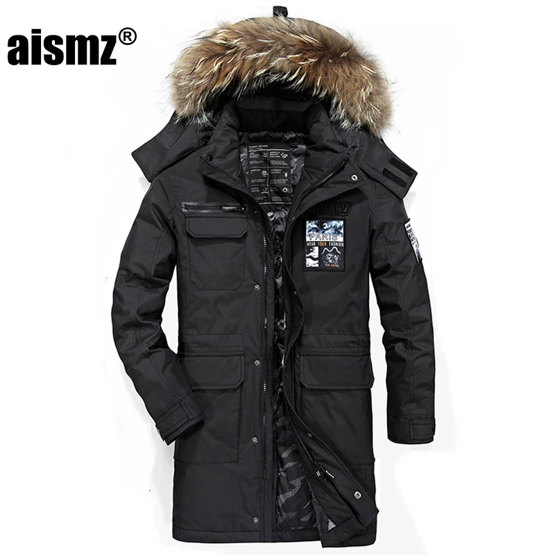 AZ-TP7408007 black Aismz мужская длинная куртка на утином пуху, белая зимняя куртка, Толстая Повседневная куртка, ветронепроницаемая теплая парка, куртка с меховым воротником и капюшоном - Цвет: AZ-TP7408007 black
