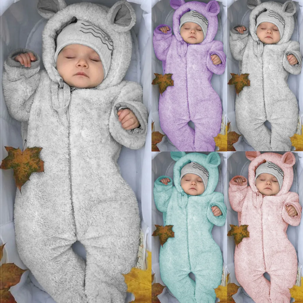 Детская одежда для малышей, зимний флисовый комбинезон для новорожденных мальчиков и девочек, милый однотонный комбинезон с капюшоном для новорожденных, теплое пальто, верхняя одежда