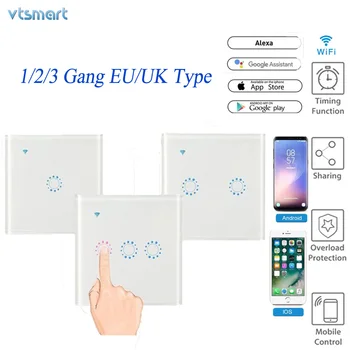

Smart WiFi Wall Light Touch Switch EU UK Standard Tuya/Ewelink 1/2/3 Gang 1 Way for Google Home Amazon Alexa Voice Control