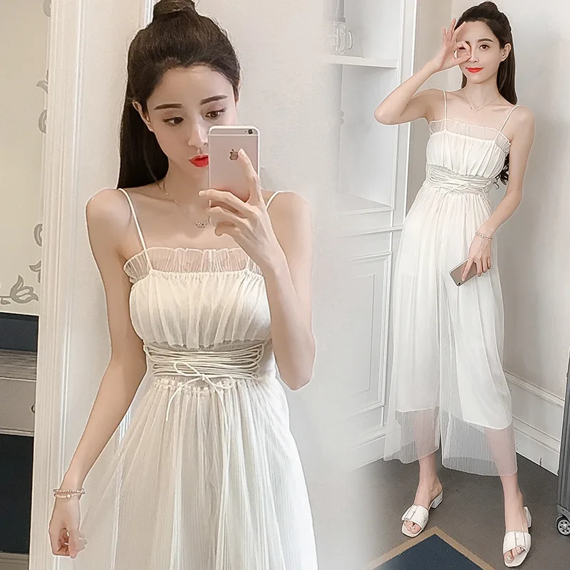

2019 Summer Wear New Style Korean-style Gauze Pleat Camisole Fairy Onesie Two-Piece Set