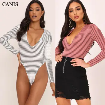 

Bodysuit Sexy Skinny Deep V Neck Bodysuit Romper Long Sleeve Stripe Tops Leotard Jumpsuit Bodycon Romper Tops 2 Colors