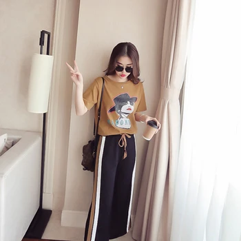 

2 Pcs/Set Summer Tracksuit Mulher Short Sleeve Tops+Split Wide Leg Pants Sporting Suit Casual Suit