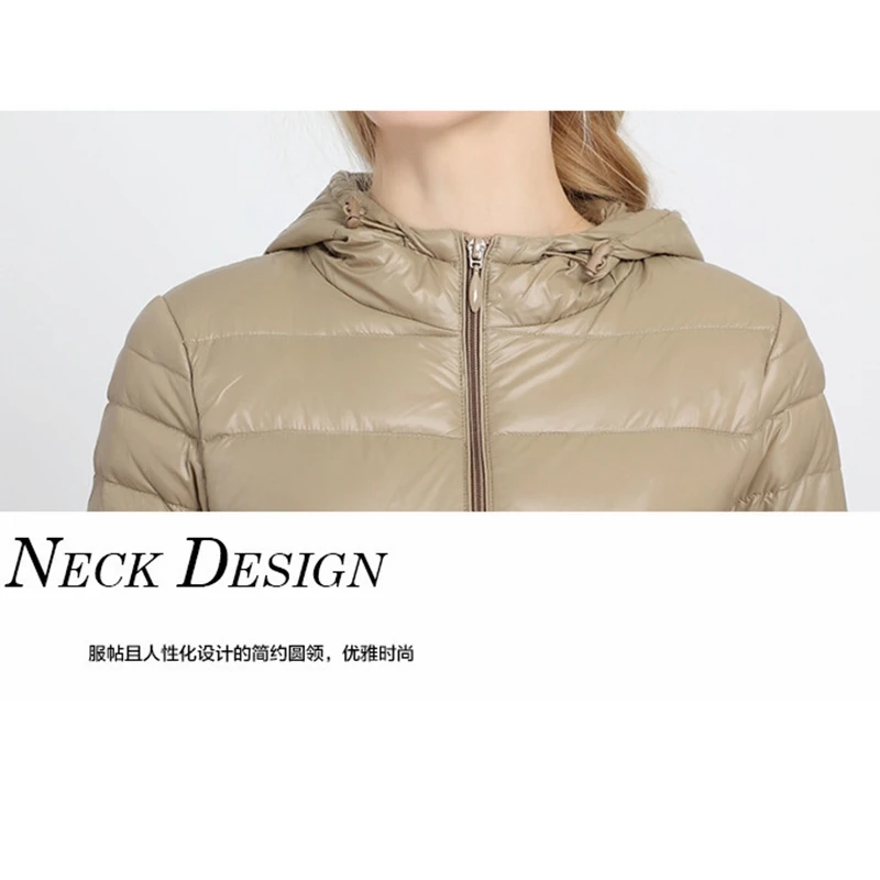 Mid-length women's down jacket  2020 long-sleeved hooded temperament slim women's thin and light XL coat winter white duck down
