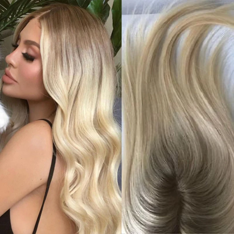 Peluca de cabello humano auténtico para mujer, tupé con Clips, liso, Natural, con degradado marrón a rubio, 613