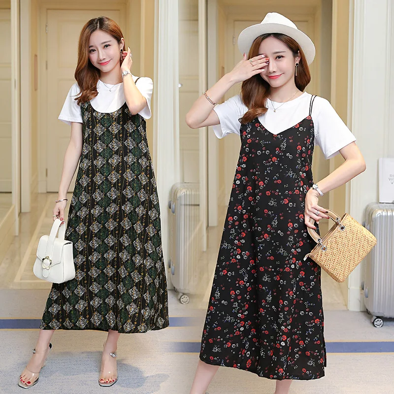 

Maternity Clothes 2019 Summer New Style Chiffon Small Floral Strapped Dress Mid-length Pregnant Women Dress Two-Piece Set