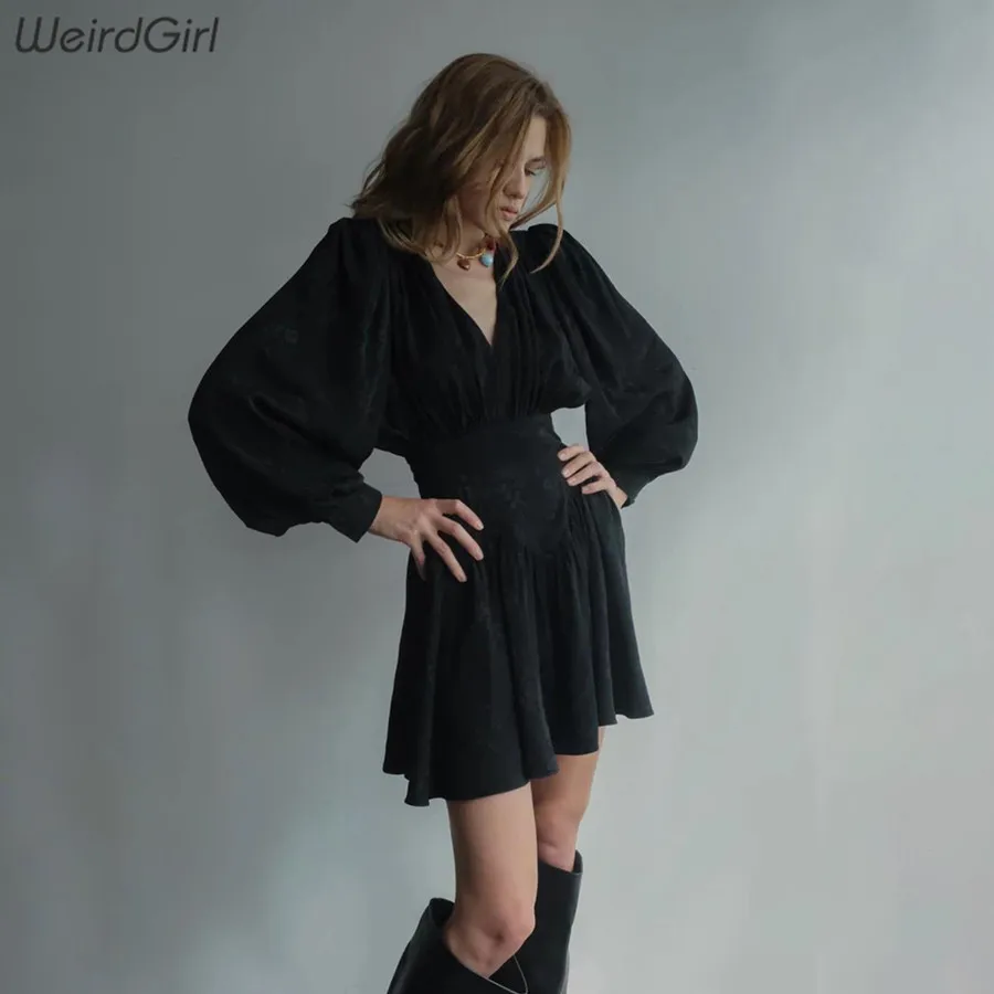 Weridgirl женское французское ретро платье с цветочным узором, высокая улица, тонкое, сексуальное, v-образный вырез, пышные рукава, свободное, осень, новинка, vestidos
