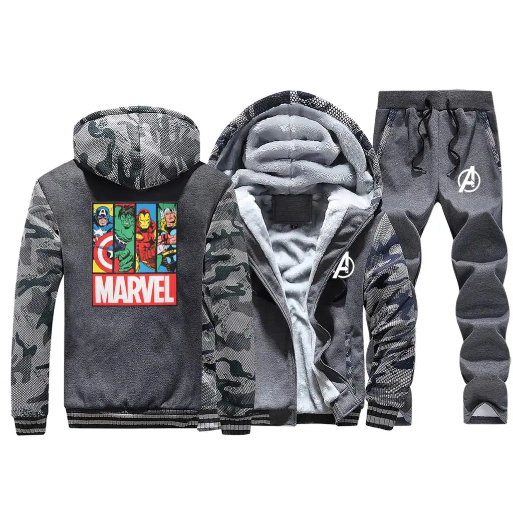 С принтами "Marvel", "Мстители", с камуфляжным принтом, комплекты Для мужчин зимние куртки и кофты с капюшоном "Marvel" из теплого флиса на молнии штаны, толстовка Для мужчин полный костюм; спортивный костюм - Цвет: Dark Gray