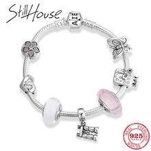 Аутентичные 925 пробы Серебряный цветок клип бусины с телескоп кулон браслет для женщин ювелирные изделия подарок