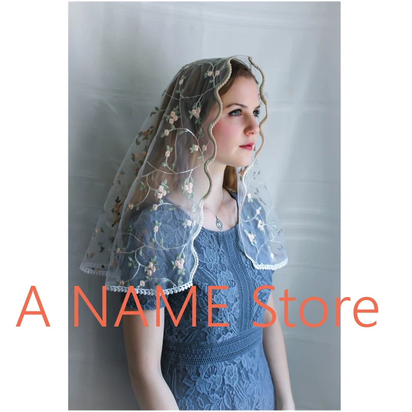 

D shape Embroided Tulle Lace Mantilla Catholic Women Veils for church Head scarf Traditional Infinity veil Mantille Voile tete