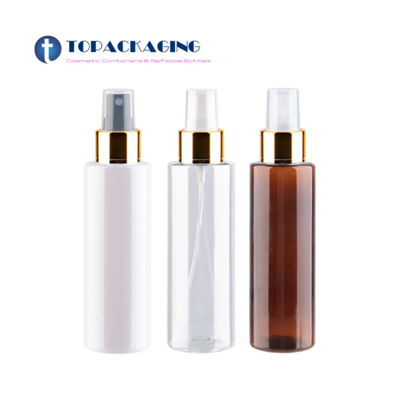 

30PCs*200ml Empty Transparent Spray Bottles With Gold Aluminum Collar Pump White PET Plastic Container Bottle Fine Mist Sprayer