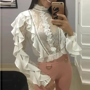 

Women Autumn Ruffle Lace Ol Work Blouse Sexy White Shirt Long Sleeve Casual Fashion Blouse