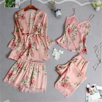 

Pajamas printed rayon suspenders Tempting pink pajamas Sleepwear set sexy lace home service charming women robe пижама 2020