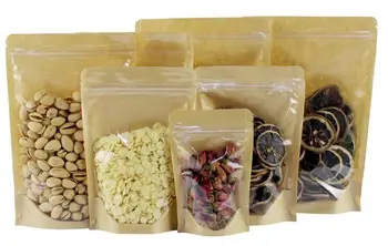 

Kraft Paper Zipper Lock food packing bags Reusable Plastic front Transparent stand up pouch Gift Candy Baking snack bag