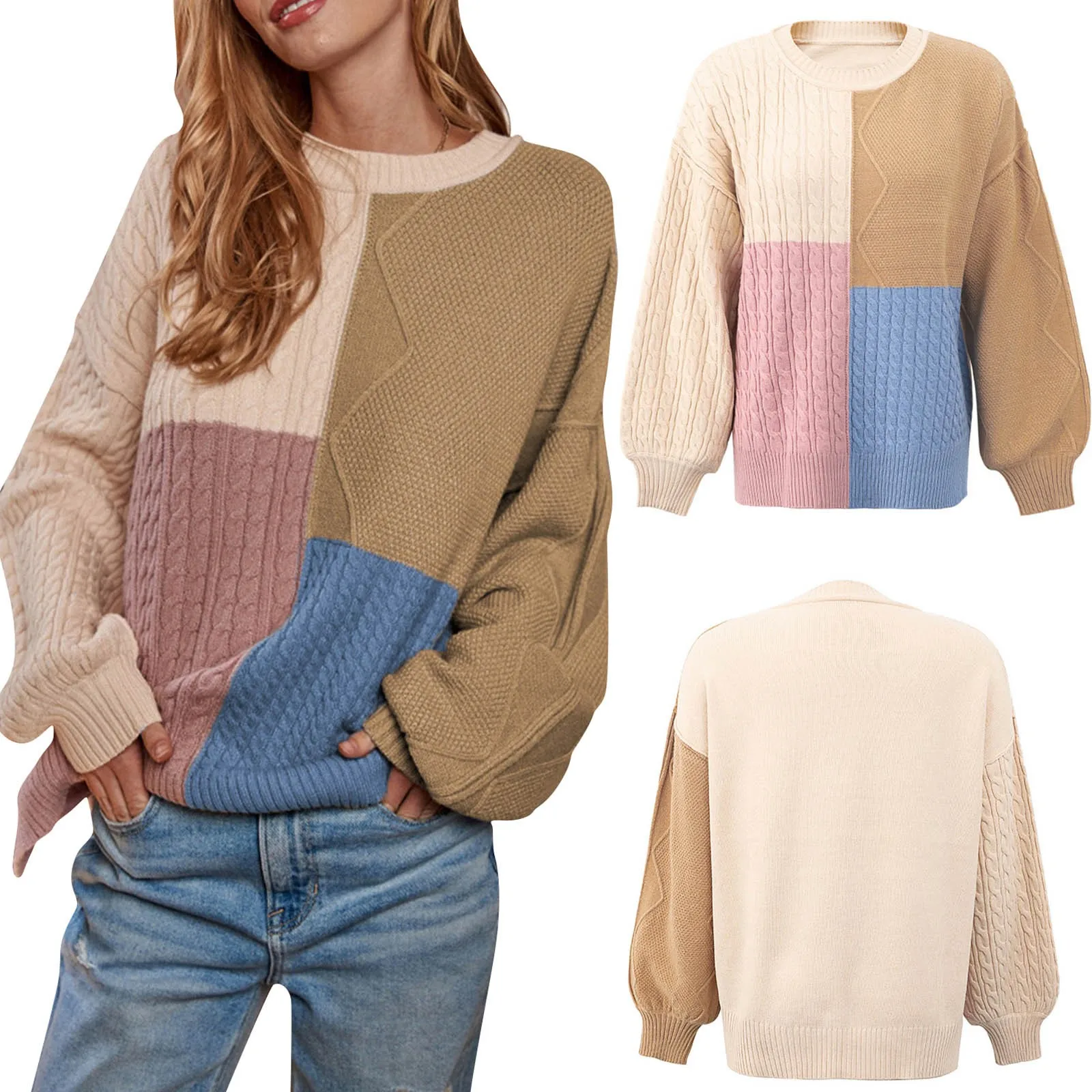 Women 0 Neck Patchwork Collision Color Sweater Ladies Thick Line Linen Lantern Sleeve Pullovers Female Knitted Casual Sweaters 1