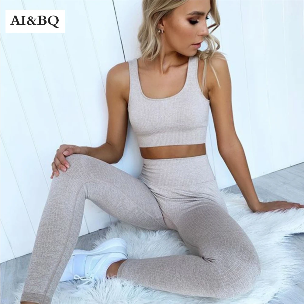 

AI&BQ Solid Color Two Piece Set Women Sport Gym Suit Fitness Yoga Clothing High Waist Yoga Leggings Set Running sportswear