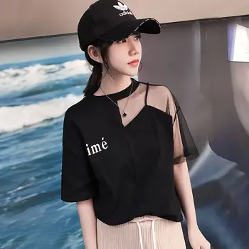 

New Black White Women Casual Letter Print Tops Mesh Stitching Short Sleeve T-Shirt For Women Patchwork Korean Style Summer Tops