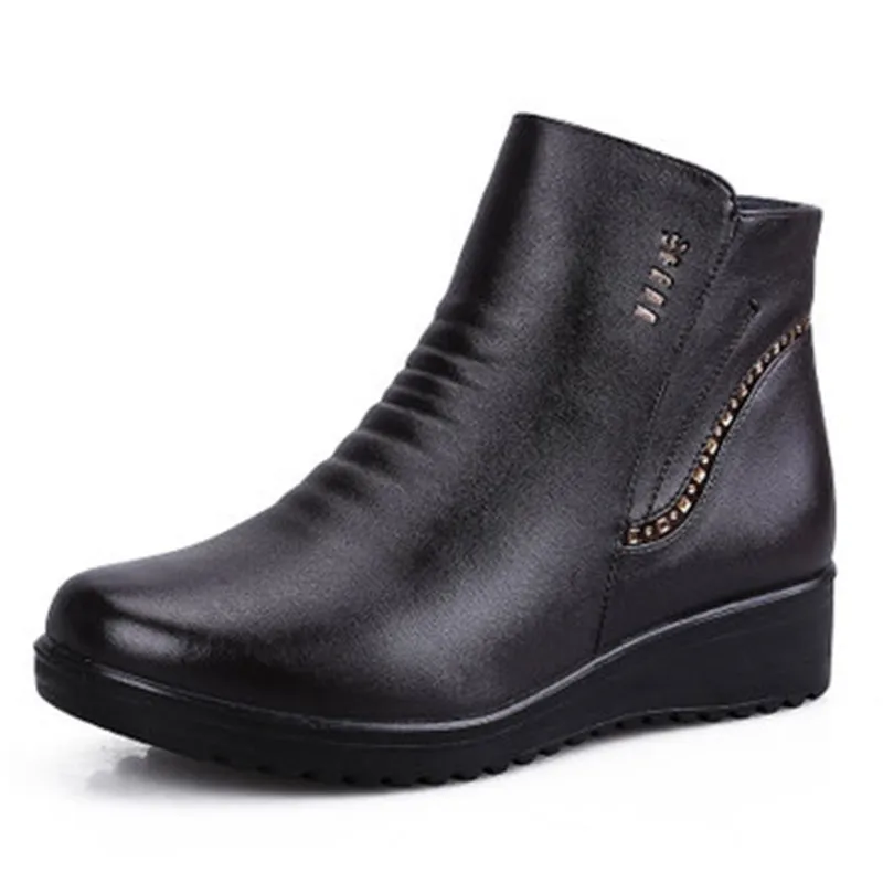 Winter New Women Platform Shoes Woman Genuine Leather Flat Ankle Boots Elderly Warm Snow Boots Mother Cotton Shoes Size 35-41 - Цвет: black 1