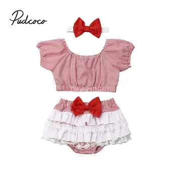 

pudcoco 2019 Baby Girl Clothes Newborn For Female Outfit Infant Clothing Set Maid style Striped Crop Tops + Cash Shorts 3Pcs