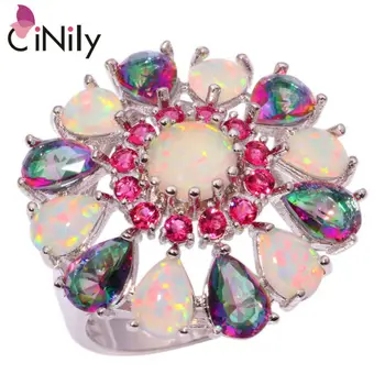 

CiNily Lavish White Fire Opal Rings Silver Plated Rainbow Mystic Zircon Stone Kunzite Rose Red Garnet Party Flower Jewelry Women