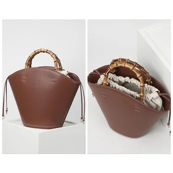 

2020 New Cowhide Bamboo Bucket Large Capacity Retro Tote Bag Shell Handbag