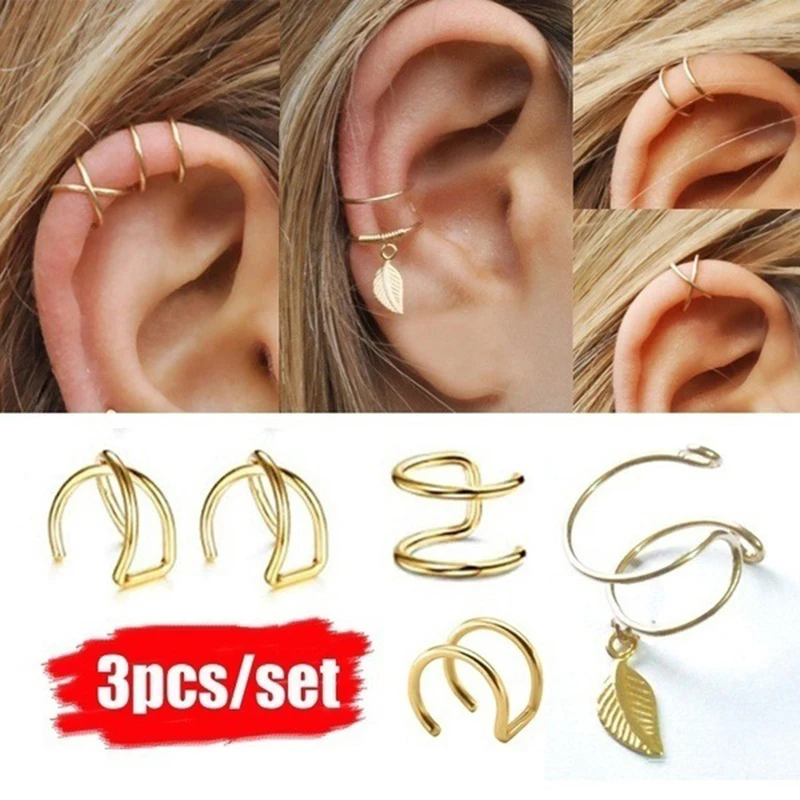 

3Pcs/Set Fashion Minimalist Ear Cuff Set No Piercing Criss Cross Leaf Fake Cartilage Earring Simple Women Jewelry Accessories
