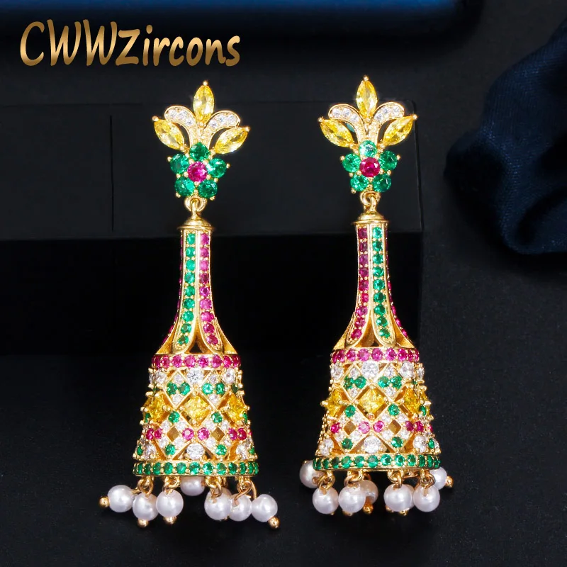

CWWZircons Elegant Red Green Cubic Zirconia Stone Long Pearl Drop Dangle Earrings for Women Vintage Ethnic Party Jewelry CZ717