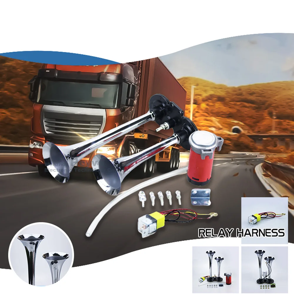 

Car horn Dual Trumpet Electric Horn Loud Chrome 2 pipes Air Horn 12V/24V Universal for Car Train Truck Lorry and motorcycle