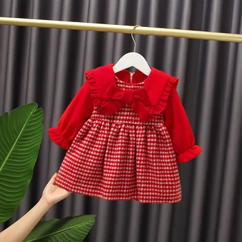 

JY Girls' Lace Winter Warm Plaid Bowknot Princess Red Happy New Year Net Gauze Dress Add Velet Tz03