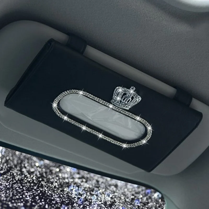 Fashion Crown Crystal Car Tissue Box Sun Visor Leather Auto Tissue Bag Sunvisor Hanging Holder Case Napkin For Car Accessories - Название цвета: BK