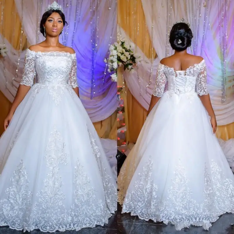 

New Half Sleeve Lace Ball Wedding Dress Plus Size Custom Made Bridal Gowns Vestido De Novia