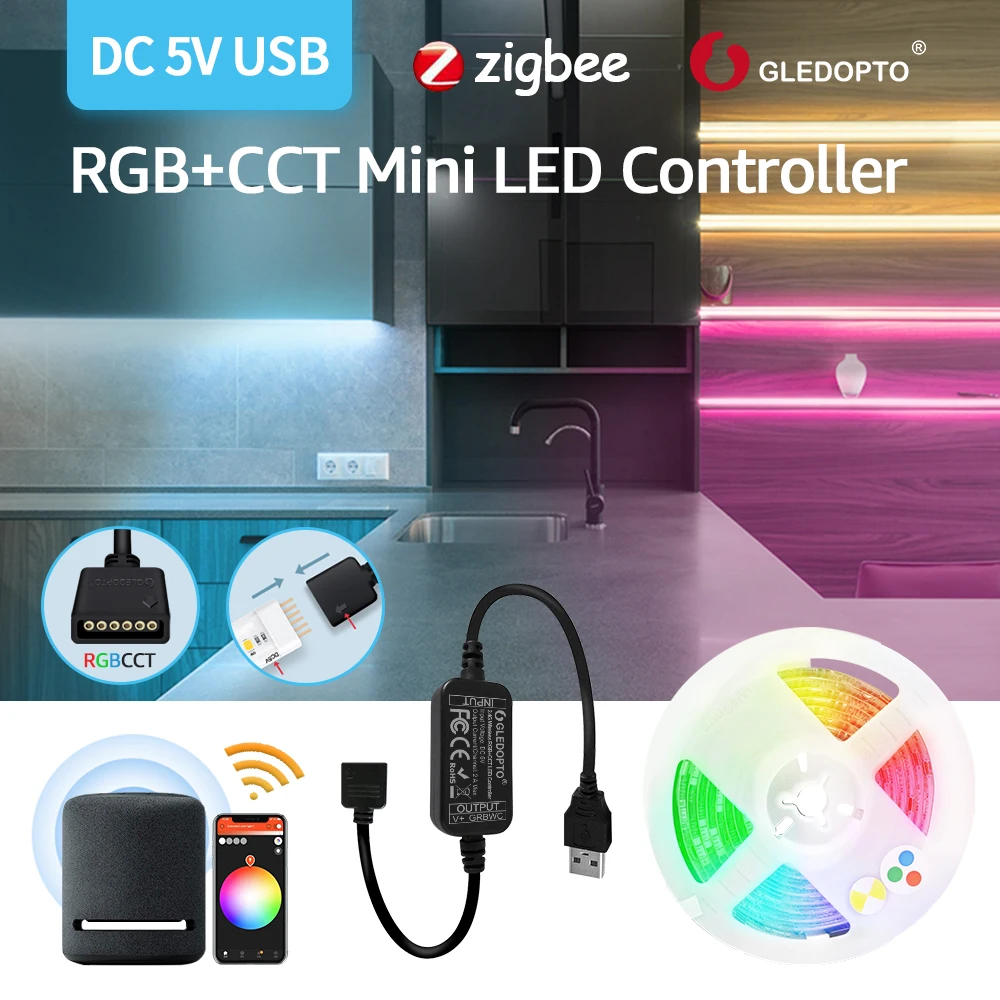 

Умный регулятор светодиодной ленты Gledopto Zigbee DC5V Mini RGBCCT, совместимый с приложением Tuya SmartThings/Amazon Echo Plus, голосовое управление