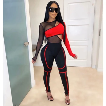 

Women Mesh Patchwork Tracksuit Sexy Two Piece Sets Top and Pants Winter Sweatsuit Clothing Club Outfits Women Matching Sets