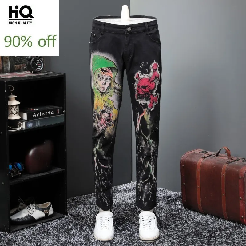 Индивидуальные Pringting панк стиль мужские черные длинные джинсы брюки Slim Fit
