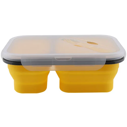 1100 мл легкость 2 решетки силиконовая коробка для ленча складной Ланчбокс Bento коробка с ложкой вилка Посуда для-40 до 230 градусов Цельсия - Цвет: Цвет: желтый
