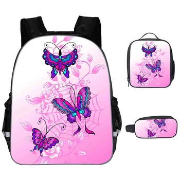 

Children 3pcs/set School Bags Kids Girls Beauty Animal Butterfly 3D Print Large School Backpacks Children Fashion Bookbags