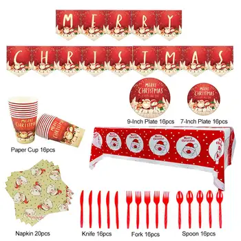 

118 Piece Christmas Disposable Dinnerware Set New Year Theme Party Supplies Plate Paper Cup Napkin Fork Spoon Banner Etc