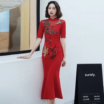 

Embroidery Flower Women Qipao Chinese Style Sexy Red Cheongsam Mermaid Bride Wedding Dress Novelty Perspective Lace Vestidos