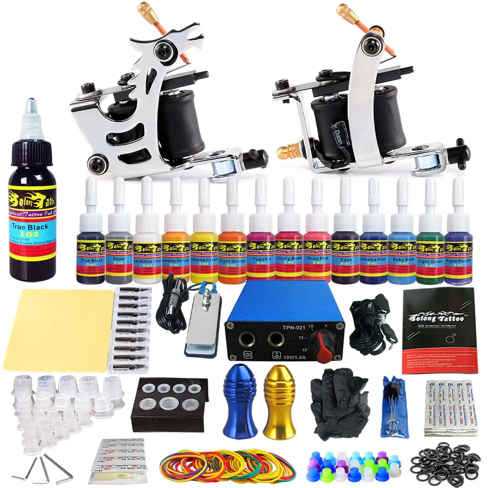 Tattoo Starter Kit 2 14Colors Inks Cup Power Supply TK213 Machine Guns Practise Skin Needles for | Красота и здоровье