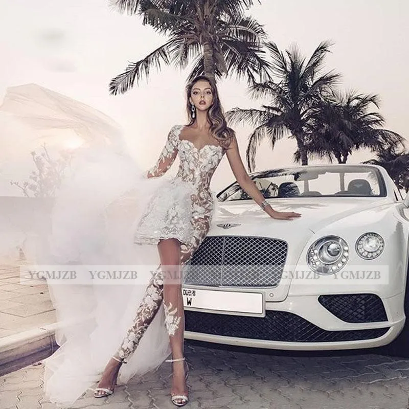 Sexy Boho Bohemian Short Wedding Dress 2020 Long Sleeves See Through Lace Overskirts Bride Dress With Pants Robe De Mariee