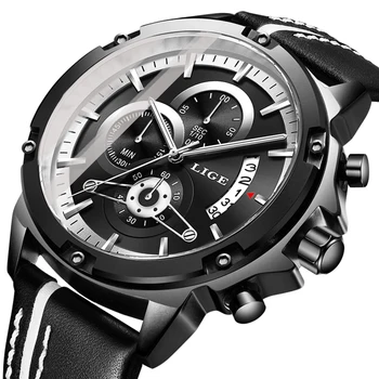 

LIGE New Men Watch Top Brand Blue Leather Chronograph Waterproof Sport Automatic Date Quartz Watches For Mens Relogio Masculino