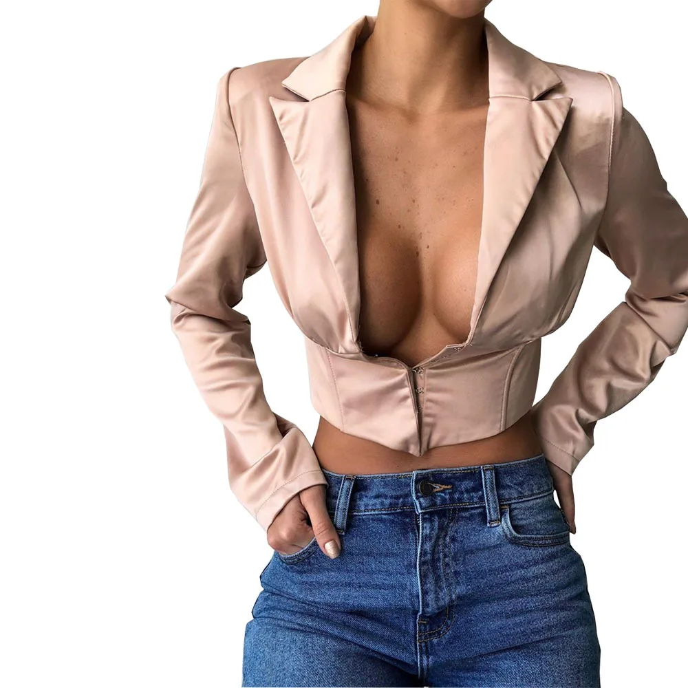STYLISH LADY Single Breased Satin Short Blazer 2020 Spring Summer Women Long Sleeve Deep V Neck Crop Top Blazer Office Jacket