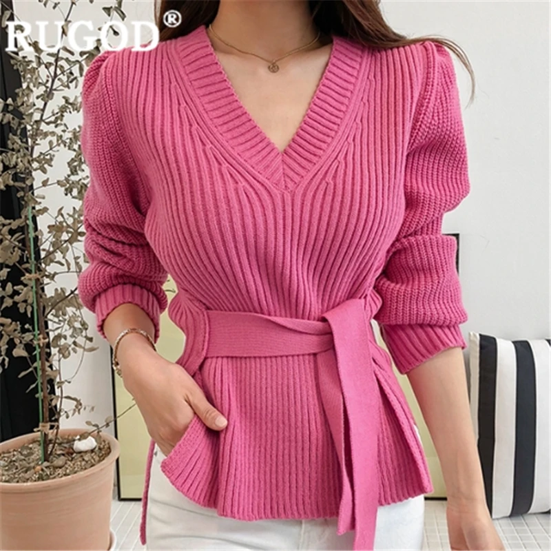 

women's sweater autumn2020 korean style v-neck bandage knitted sweaters temperament long sleeve slim waist Casual Pullovers Top