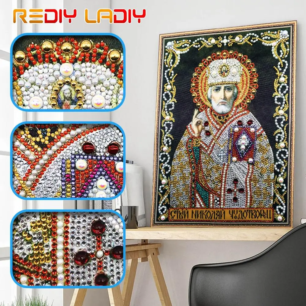 

5D Special Shaped Diamond Mosaic Icon St. Nicholas Shining Round Diamond Embroidery Partial Diamond Painting Beaded Cross Stitch
