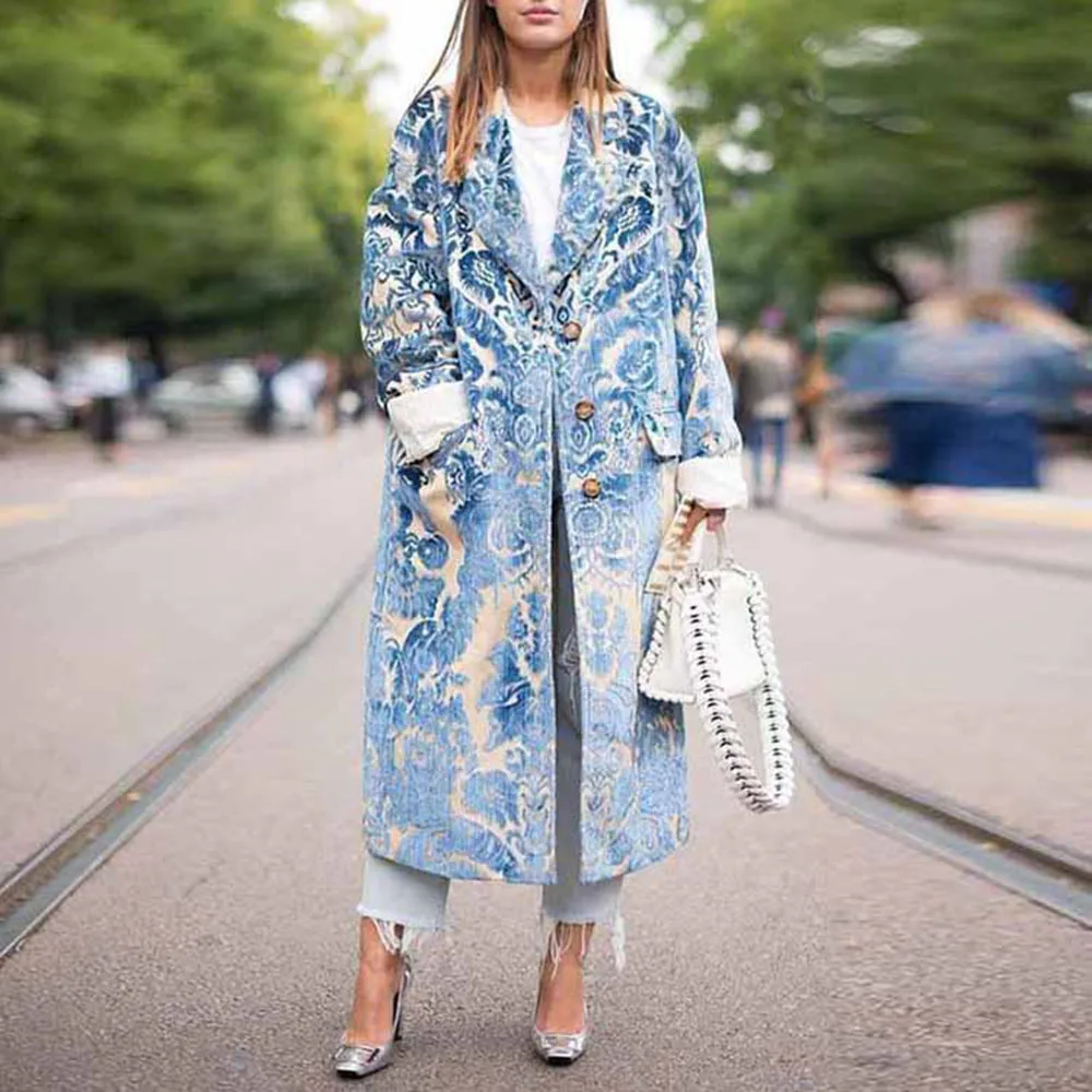 Vintage Floral Print Elegant Trench Coat Women Office Ladies Plus Size Coats Long Overcoat Casual Blue Fashion Outwear Female