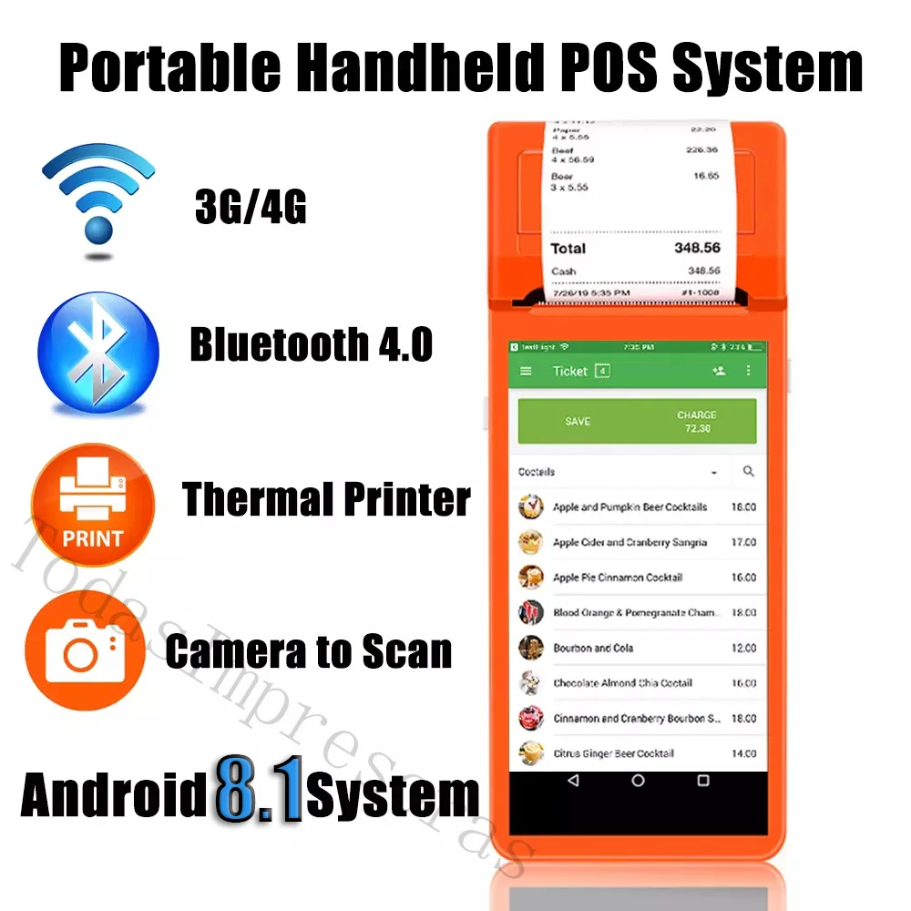 Q2I Android 8.1 POS Terminal Receipt Printer Handheld PDA BT WiFi 3G Data Collector Portable Printer Barcode Scanner All-in-One