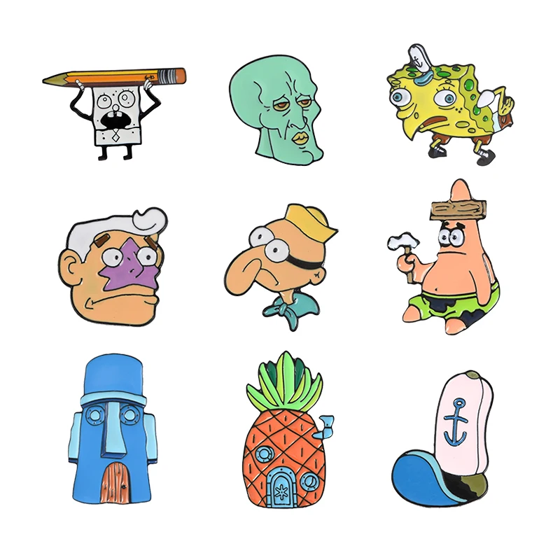 

Cartoon Bob Collection ! Sponge Squidward Patrick Star Mermaid Man Barnacle Boy Pineapple House Friends Enamel Lapel Brooch Pin