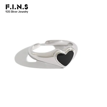

F.I.N.S Korea Style Woman S925 Sterling Silver Ring Simple Black Enameled Heart Opening Women's Ring Silver 925 Jewelry