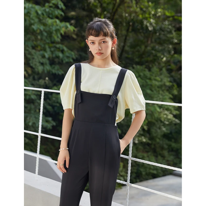ZIQIAO Japanese Petite Size Summer 2021 Black Slightly Split Overalls Casual Pants Trousers Twill Fabric Women Clothing